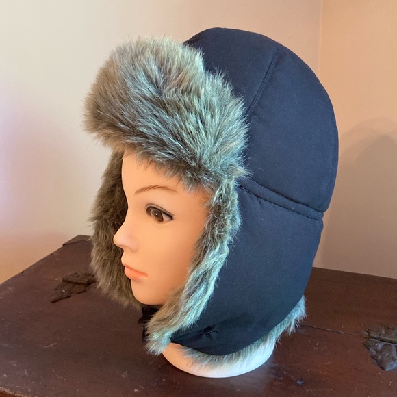 Eddie Bauer Trapper Hat Faux Fur Down Feather Black Quilted Unisex Size S/M - Picture 1 of 17